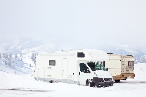 small RV parked in the snow