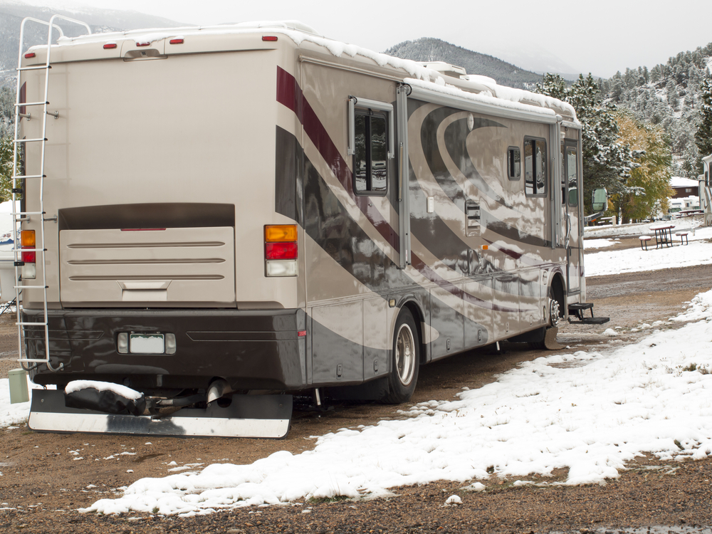 rv parked at campsite in winter