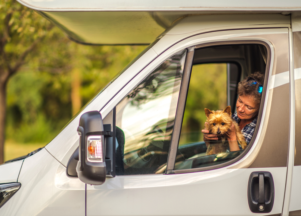 woman and dog driving RV
