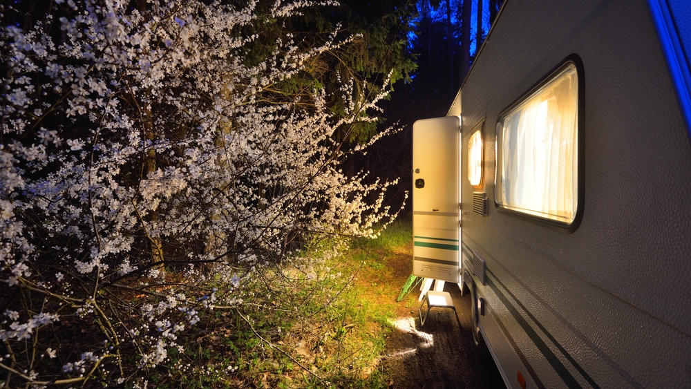 rv trailer exterior at night