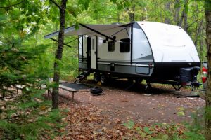 travel trailer rv parked in the forest