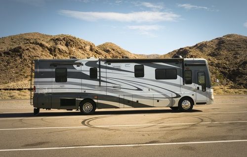 Class a RV on a road. 