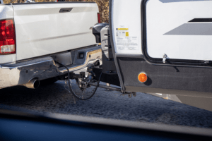 RV Trailer hitch attached to a pickup truck. 